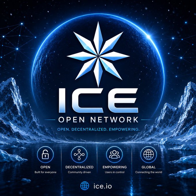 A promotional graphic for 'ICE OPEN NETWORK' featuring a large snowflake logo over a planet, with four key features listed: OPEN (Built for everyone), DECENTRALIZED (Community driven), EMPOWERING (Users in control), and GLOBAL (Connecting the world).