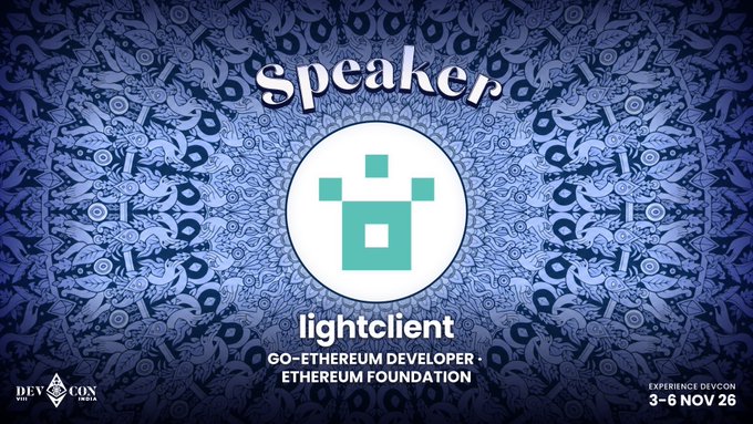 A speaker slide for Devcon SEA (Nov 3-6) announces lightclient, a Go-Ethereum Developer at the Ethereum Foundation, featuring the "lightclient" logo with a crown-like icon centered on an intricate blue kaleidoscope pattern. The image visually introduces lightclient as a speaker at the conference, aligning with the post highlighting their Core Protocol talk on EIP-7702 and account abstraction.