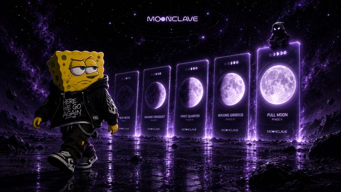 A SpongeBob-themed 'MOONCLAVE' promotional graphic showing moon phase stages (New Moon, Waxing Crescent, First Quarter, Waxing Gibbous, Full Moon) with a stylized SpongeBob character in black streetwear.