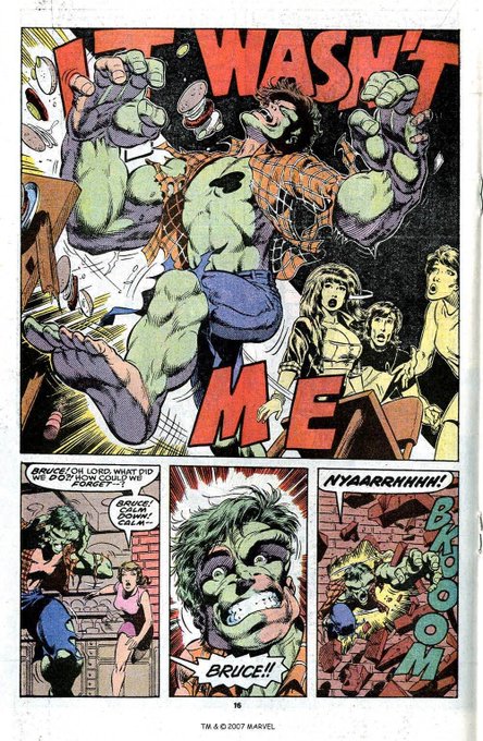 A vintage Incredible Hulk comic page features the green-skinned hero smashing through a wall with the bold captions "IT WASN'T ME" and "BRUCE!!" as onlookers react in shock, illustrating the character's tragic struggle between his monstrous Hulk persona and his human alter ego Bruce Banner, perfectly capturing the "powerful stuff" referenced in the caption.