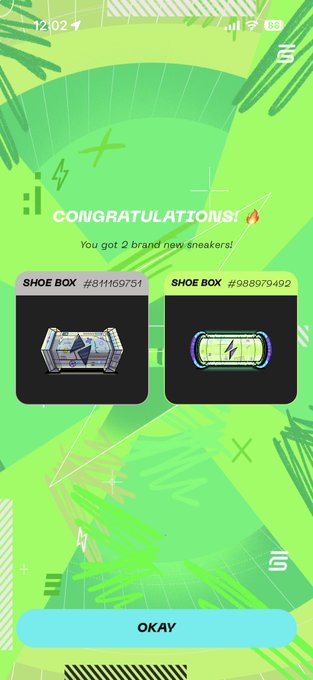 A mobile game screen displaying "CONGRATULATIONS! You got 2 brand new sneakers!" with two shoe boxes labeled #811169751 and #988979492, each containing a digital sneaker NFT.