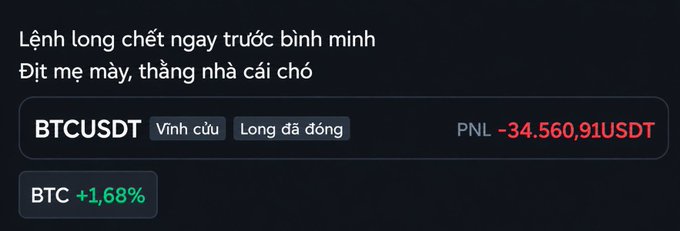 A dark trading interface shows Vietnamese text, “Lệnh long chết ngay trước bình minh / Đợt mẹ may, thằng nhà cái chó,” along with “BTCUSDT,” “Vĩnh cửu,” “Long đã đóng,” and “PNL -34.560,91USDT.”