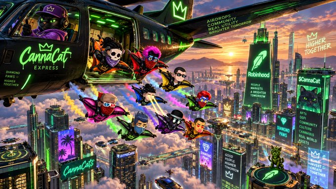 A vibrant digital artwork titled 'CannaCat Express' featuring cartoon characters skydiving from a green airplane above a neon-lit futuristic city, with Robinhood billboards displaying 'HIGHER TOGETHER' and 'DIAMOND PAWS'.