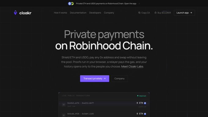 A website screenshot for 'Cloakr' advertising 'Private payments on Robinhood Chain' for private ETH and USDC transactions, with a 'Transaction privacy' button visible.