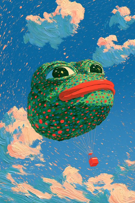 A surreal painting of a green frog head with red lips, decorated with colorful spots, floating like a hot air balloon in a blue sky with pink clouds.