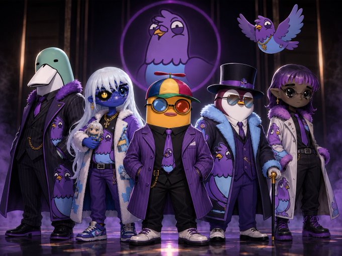 A group of five anthropomorphic animal characters dressed in stylish purple outfits pose together in a dark, atmospheric setting, accompanied by cartoon purple pigeons. The image appears unrelated to the accompanying post about a cryptocurrency investment opportunity and GenLayer campaign, serving instead as an unrelated decorative graphic.