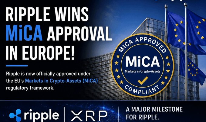 A promotional graphic announcing "RIPPLE WINS MiCA APPROVAL IN EUROPE!" with text stating Ripple is now officially approved under the EU's Markets in Crypto-Assets (MiCA) regulatory framework, featuring a "MiCA Approved Compliant" seal, EU flags, and the Ripple and XRP logos alongside the tagline "A MAJOR MILESTONE FOR RIPPLE."