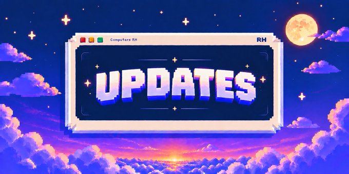 A pixel art banner displaying the word "UPDATES" in a retro computer window labeled "Computers RH" set against a sunset sky with clouds and a moon.
