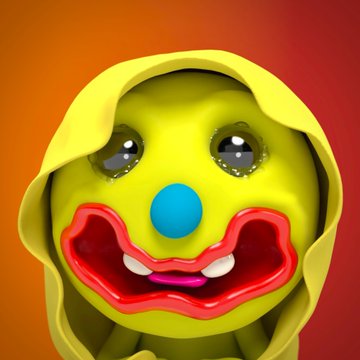 A 3D-rendered green character with a wide, creepy red mouth, large shiny eyes, and a blue nose, wearing a yellow hood against an orange background.