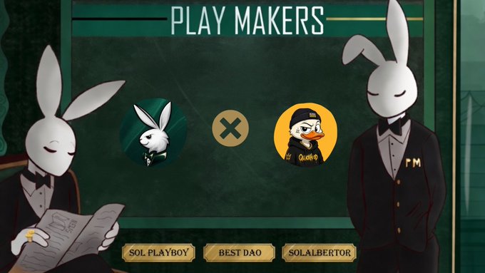 A 'PLAY MAKERS' interface features two white rabbit characters in tuxedos, with profile icons for 'SOL PLAYBOY' and 'SOLALBERTOR' and a 'BEST DAO' button.