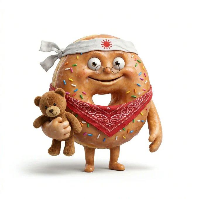 A 3D-rendered anthropomorphic donut character wearing glasses, a headband, and a red bandana while holding a teddy bear.