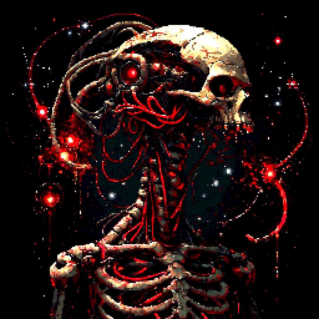 The image features a skeleton with red eyes, giving it an eerie appearance. The skeleton is surrounded by sparks that are floating around it, creating a sense of mystery and darkness. The background is black, which contrasts with the skeleton's red-eyed form. The caption reads "Gm Fam! Memory survived. Flesh didn't. Red eyes scan the void as sparks drift through the dark." This message seems to be related to the skeleton in some way, possibly indicating that it has been preserved or is a part of an art installation.