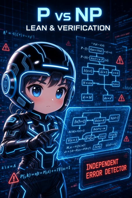 Anime-style digital illustration featuring a character in a futuristic helmet looking at glowing mathematical equations, with text reading 'P vs NP LEAN & VERIFICATION' and 'INDEPENDENT ERROR DETECTOR'.