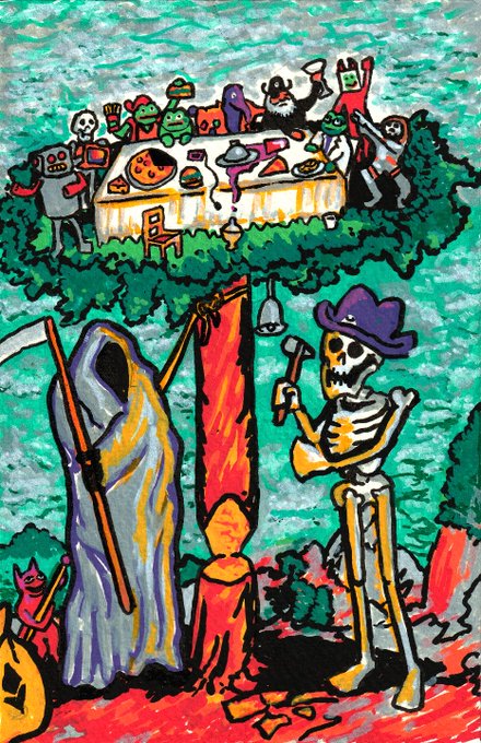 A colorful folk-art painting depicting the Grim Reaper and a skeleton in a purple hat ringing a bell, with surreal figures gathered around a banquet table above.