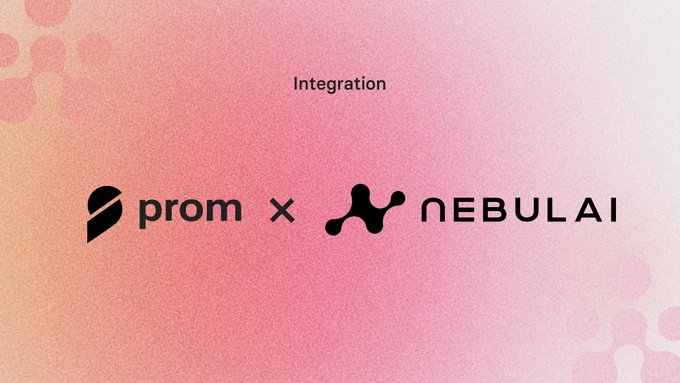 The image features a pink and orange gradient background with the word "Integration" at the top, alongside the logos for "prom" and "NEBULAI" separated by a multiplication symbol, announcing the partnership between the PROM ecosystem and Nebulai to build a distributed compute layer for AI workloads.