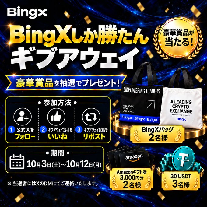 A promotional giveaway campaign for BingX featuring luxury prizes including 3,000 yen Amazon gift cards (2 winners), 30 USDT (3 winners), and BingX original bags (2 winners), running from October 3-12, with entry requiring users to follow BingX on X, like and repost the giveaway post.