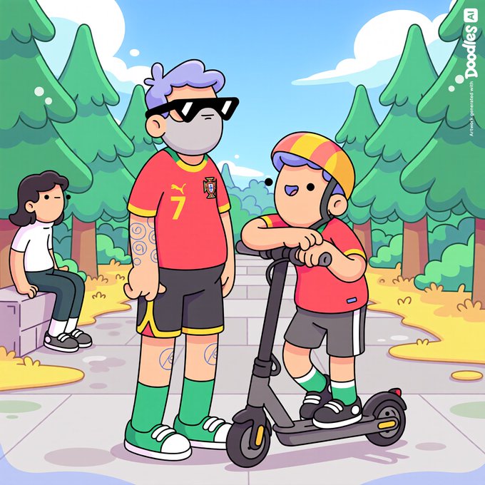 The image features a man wearing sunglasses, a helmet, and a red shirt with the number 7 on it, standing next to a scooter or moped. A child wearing a helmet and a red shirt can be seen riding the same vehicle. There are also two other people in the background who appear to be sitting on a bench. The image is related to the post "Happy Portugal day" as it features a man with sunglasses, possibly representing a sunny day in Portugal, while another person is depicted wearing a helmet and a red shirt, which could symbolize a fun activity or event taking place in the country.
