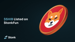 The image announces "$SHIB Listed on Stonk.fun" with the Stonk logo and a Shiba Inu coin graphic, promoting the listing of the SHIB token on the Stonk.fun platform for bridging purposes to the Solana network.