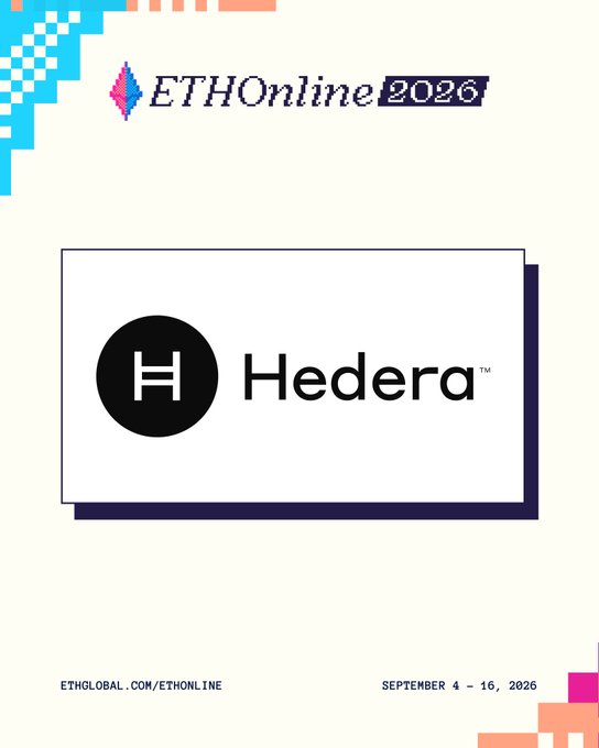 A promotional graphic for 'ETHOnline 2026' featuring the Hedera logo and the URL 'ethglobal.com/ethonline', dated September 4-16, 2026.