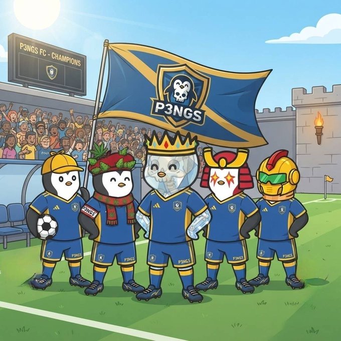 A cartoon illustration of five penguin characters in blue soccer uniforms standing on a field, with one holding a soccer ball and another waving a 'P3NGS' banner, with a scoreboard reading 'P3NGS FC - CHAMPIONS.'