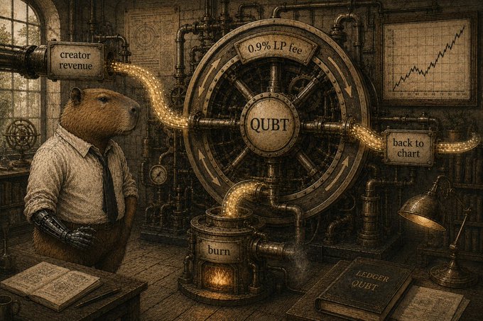 A steampunk-style illustration shows a bear in work attire operating a massive wheel labeled "QUBT," with pipes channeling "creator revenue" from @o1_exchange into a "0.9% LP fee" system that flows toward "back to chart" and a "burn" furnace, visually representing the project's mechanism for pairing creator revenue with ETH to provide liquidity, earn fees, and support their $QUBT position.