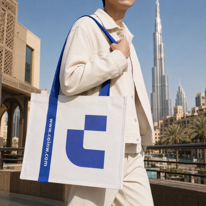 A person in a cream-colored jacket carries a white tote bag with blue straps displaying a large 'c' logo and the text 'www.cofin.com', photographed against the backdrop of the Burj Khalifa in Dubai.