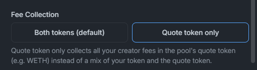 A settings interface titled "Fee Collection" displays two selectable options—"Both tokens (default)" and "Quote token only"—with a note explaining that the quote-only setting collects all creator fees in the pool's quote token (e.g., WETH) instead of a mix. This relates to the post's tip that users can configure their token launch fee collection preferences in the terminal before going live, beyond just promoting $BNKR on social media.