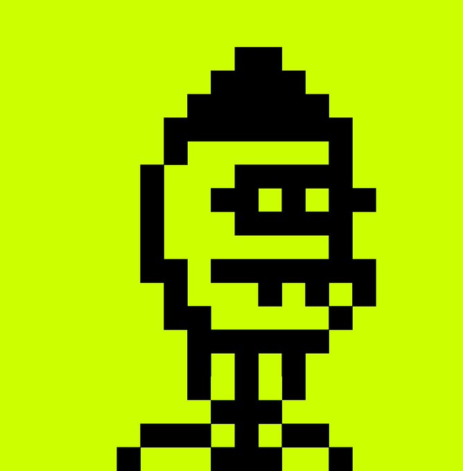 A black pixelated character with a large head and yellow eyes on a bright yellow-green background.
