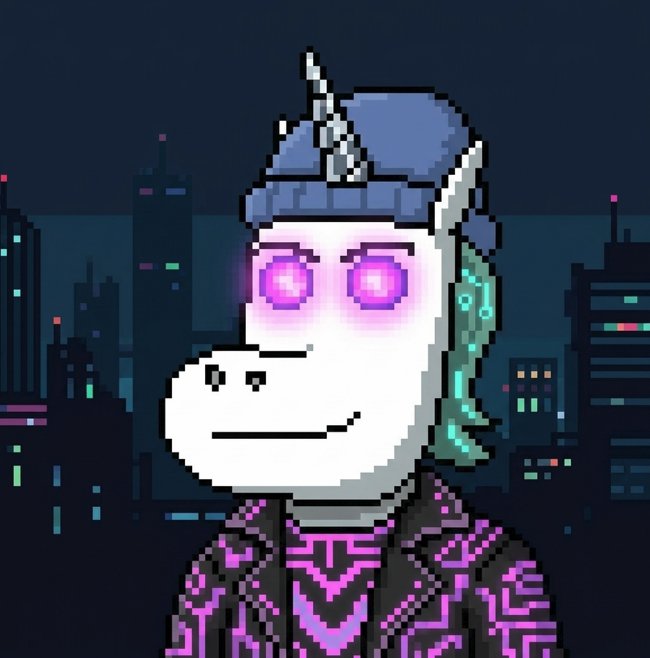 The image features a cartoon character of a white unicorn wearing a purple jacket with black stripes and a blue hat. The unicorn has glowing red eyes and appears to be smiling at the camera. The background shows an urban cityscape, including buildings and neon lights. The caption for the image reads "I'm giving away 20 GTD Spots for @PixcornNFT To enter: Follow @Crypto_Yapp & @PixcornNFT Turn on both notification Ends in 24 hours, Good luck".