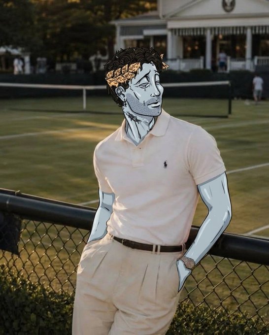A surreal composite image of a man in a beige Polo Ralph Lauren outfit and laurel wreath headpiece with a drawn-on anime-style face, leaning against a fence on a tennis court.