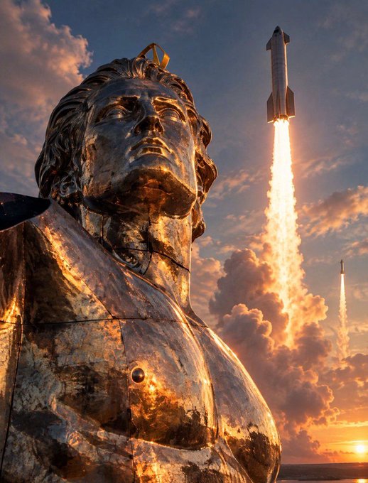 A majestic, golden metallic statue of a historical figure stands in the foreground, with a rocket launching into a cloudy sky in the background.