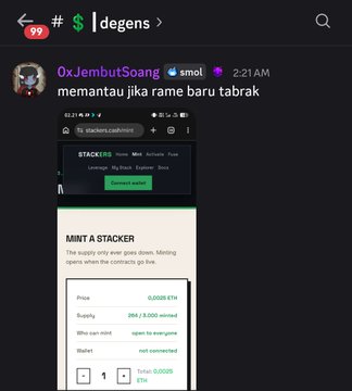A Discord screenshot from the #degens channel where user 'OxJembutSoang' asks about claiming a 'Stacker' airdrop, showing a price of 0.0025 ETH and supply of 1,000 minted.