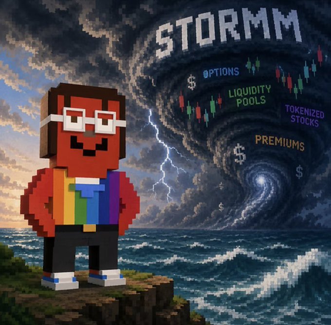 A pixelated character wearing a rainbow shirt and glasses stands on a cliff overlooking a stormy sea, facing a swirling vortex in the sky displaying "STORMM" alongside options trading terms like "LIQUIDITY POOLS," "TOKENIZED STOCKS," and "PREMIUMS" with candlestick charts and dollar signs. The artwork visually represents the announcement of a new options trading platform that integrates tokenized stocks, premiums, and liquidity pools on Robinhood Crypto.