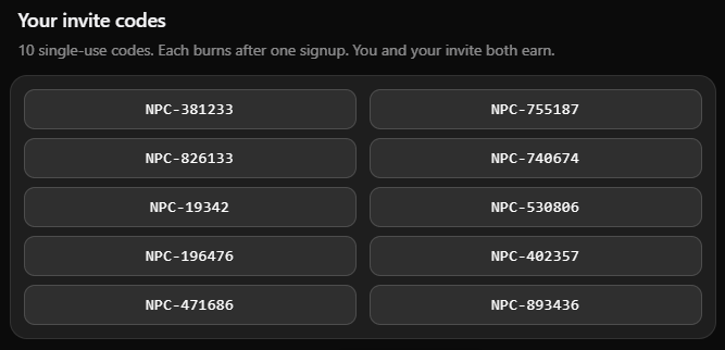 The image displays a "Your invite codes" section showing 10 single-use NPC Onchain invite codes (NPC-381233, NPC-755187, NPC-826133, NPC-740674, NPC-19342, NPC-530806, NPC-196476, NPC-402357, NPC-471686, NPC-893436) arranged in a two-column grid, with a note that each code burns after one signup and both inviter and invitee earn rewards. The image directly complements the post's FCFS airdrop invitation, providing the 10 registration codes promised for the NPC Onchain signup at npconchain.xyz/airdrop.