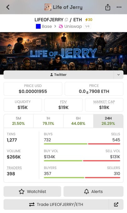 A DexScreener trading page for the 'LIFEOFJERRY' token on Base/Uniswap, showing a price of $0.00001955 and a 26.29% increase in 24H.
