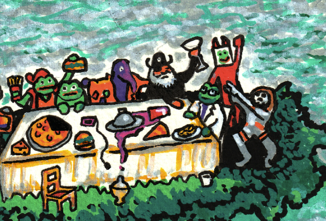 A colorful, childlike painting of various cartoon characters, including frogs, monsters, and a bearded figure with a goblet, gathered around a table filled with food against a swirly sky background.