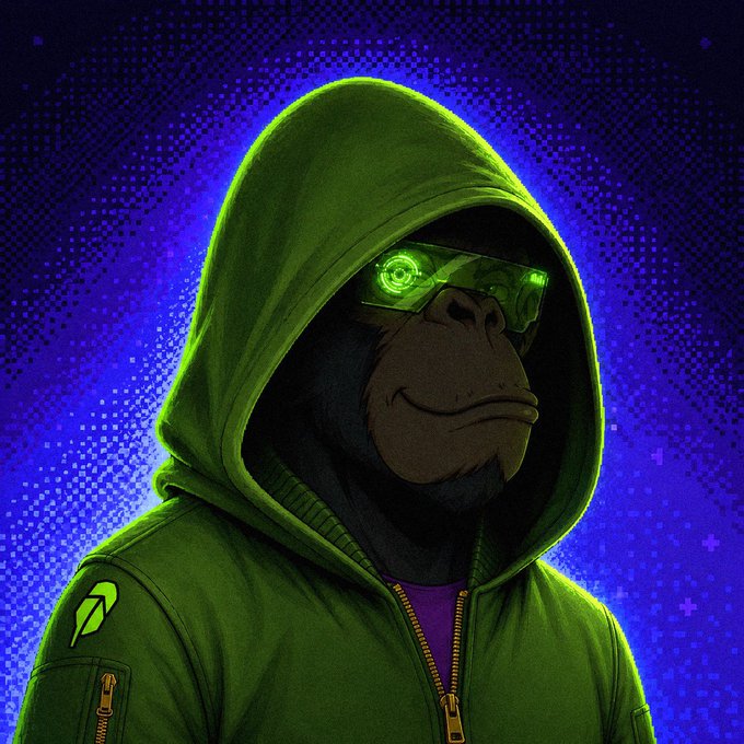 Digital illustration of a hooded ape/monkey character wearing futuristic green glowing visor glasses and a green hooded jacket against a blue halftone background.
