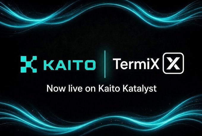 A promotional graphic with cyan glowing wave patterns announcing 'KAITO | TermiX' as 'Now live on Kaito Katalyst.'