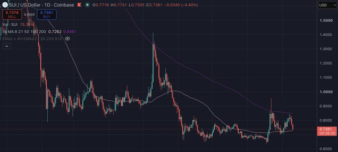 A candlestick chart of SUI/USD on Coinbase shows the price currently at $0.7381, hovering near the $0.724 support level and well below the 200-day moving average (purple line) at approximately $0.85, visually confirming the post's key levels and the bearish structure awaiting a volume-backed reclaim of resistance.