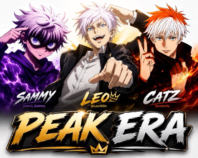 Promotional banner titled 'PEAK ERA' featuring three anime-style characters labeled Sammy (@He1s_Sammy), Leo (@Leo100x), and Catz (@catznfa), each surrounded by purple, gold, and red flame effects respectively.