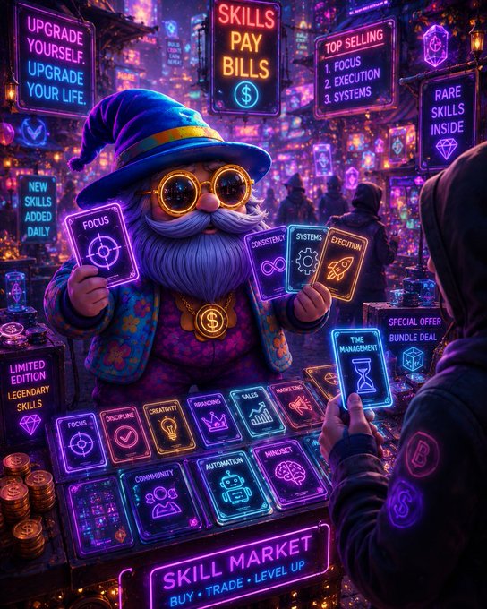 A vibrant, cyberpunk-style digital illustration shows a wizard character in a neon-lit 'SKILL MARKET' selling glowing cards labeled with attributes like 'FOCUS', 'DISCIPLINE', and 'CREATIVITY'.