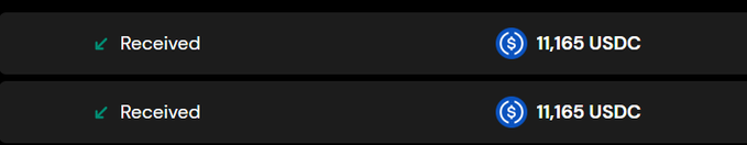 The image shows two completed USDC transactions of 11,165 each, totaling $22,330 in received funds. This appears to be cryptocurrency earnings that support the post's claim of points being worth $22 OTC (over-the-counter) per point, illustrating the tangible dollar value being earned.