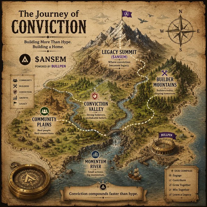 A fantasy-style treasure map titled 'The Journey of CONVICTION' by $ANSEM powered by Bullpen, featuring landmarks like Legacy Summit, Conviction Valley, Community Plains, Momentum River, and Builder Mountains.