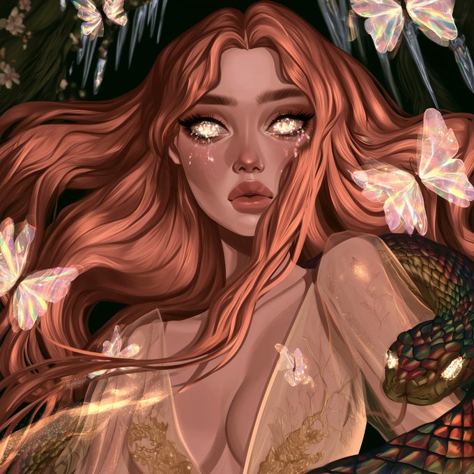 A digital illustration of a woman with flowing copper hair, sparkling golden eyes, and glowing butterfly motifs surrounding her.