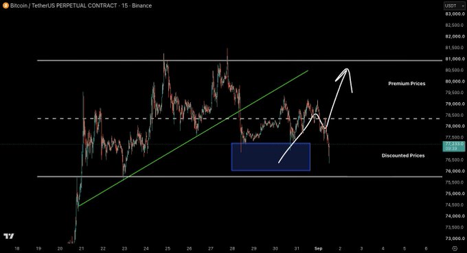 A Bitcoin/TetherUS perpetual contract chart on Binance shows BTC trading near $76,650 within a blue highlighted "Discounted Prices" zone, with a hand-drawn white arrow pointing upward toward a "Premium Prices" target above $80,000—visually reinforcing the post's bullish contrarian view that bearishness at support levels is misguided.