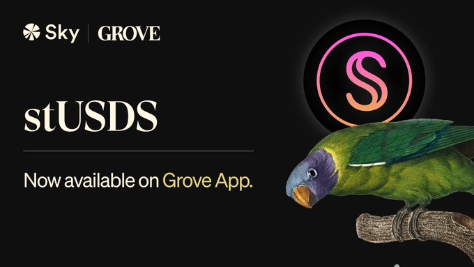 The image announces that stUSDS is now available on the Grove App, featuring the Sky and Grove logos. A colorful parrot perches on a branch, seemingly overseeing the launch of this new Sky staking position.