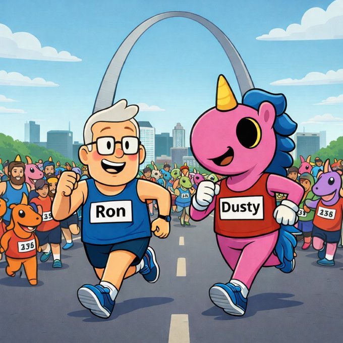 A cartoon illustration showing two characters, 'Ron' (a man with glasses) and 'Dusty' (a pink unicorn), running in a race in front of the Gateway Arch in St. Louis.