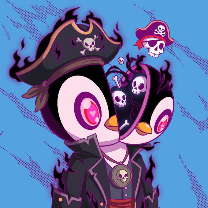 A stylized cartoon penguin character dressed as a pirate captain with a skull-and-crossbones hat stands against a blue background, with skulls emerging from a dark void in its body.