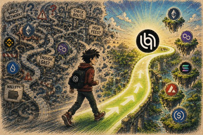 An illustrated image contrasts a chaotic path filled with cryptocurrency logos and warning signs ('WHICH NETWORK?', 'HIGH FEES?', 'WALLETS?') on the left, with a clear, bright green path on the right leading to a central black logo.