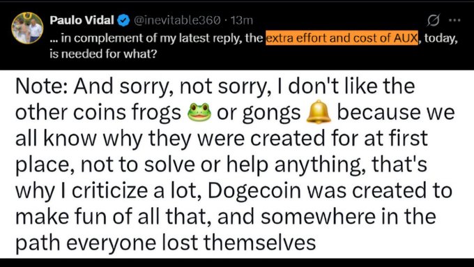 A tweet from Paulo Vidal (@inevitable360) criticizing Dogecoin and other coins, stating 'Dogecoin was created to make fun of all that, and somewhere in the path everyone lost themselves.'